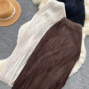 Falda midi con flecos, cintura alta